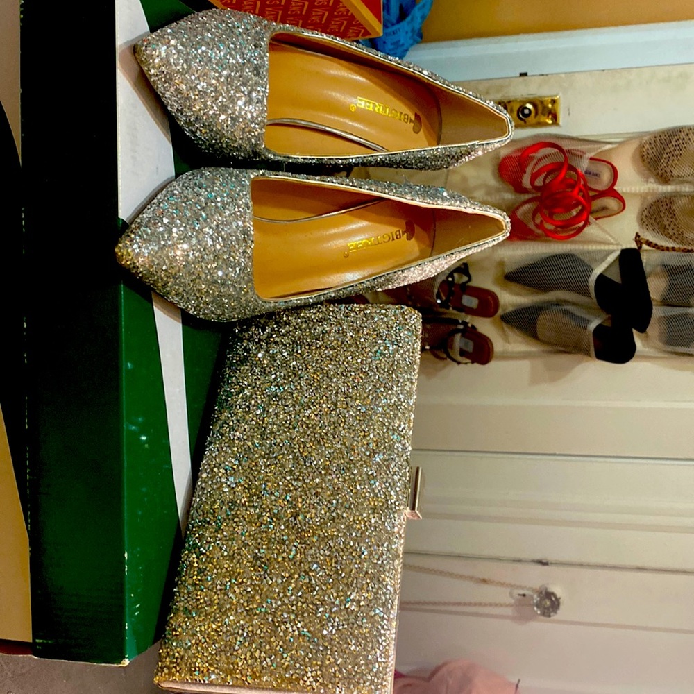 Shine and Glitter Pointed Toe High Heels Shoes - Silver with sequin clutch bag